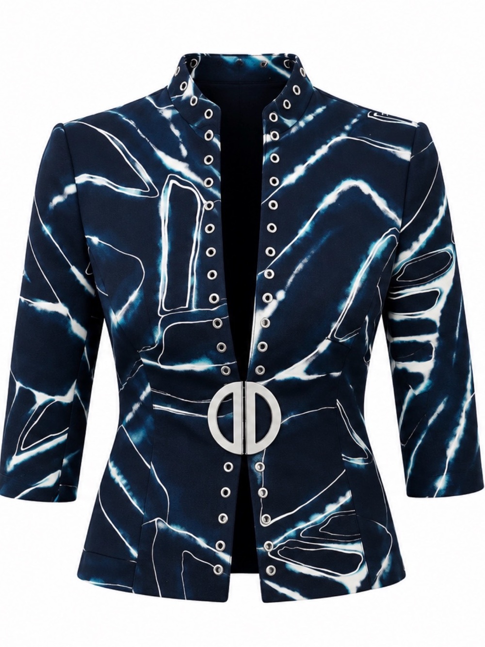 Alberta Ferretti Navy and White Abstract-Print Buckle-Front Blazer